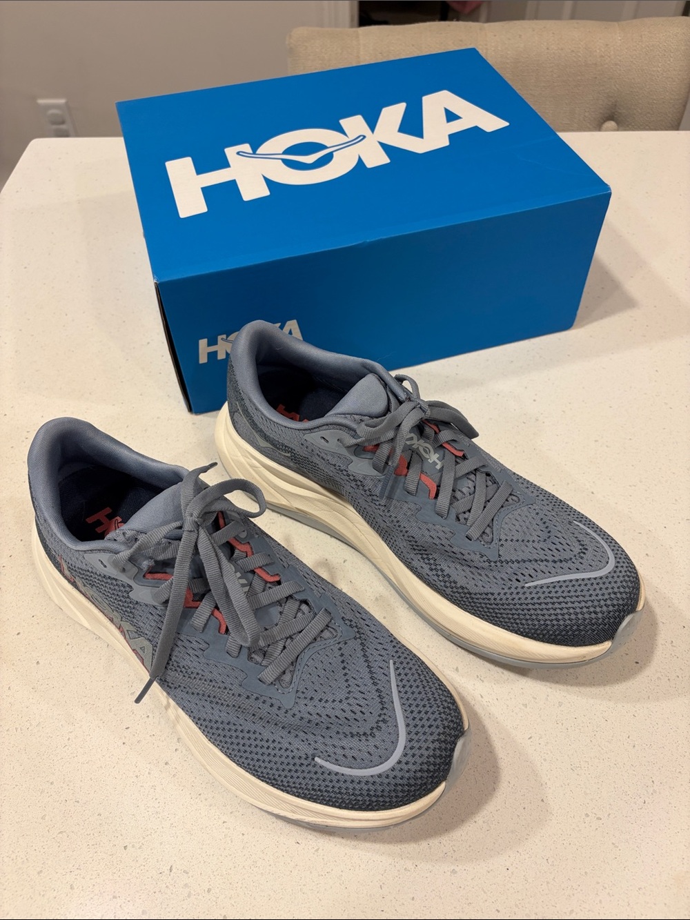 Hoka Woman’s Slate Gray and Cream Road Running Shoes with Coral Accents